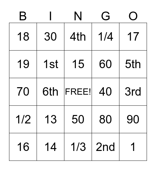 Numbers Bingo Card