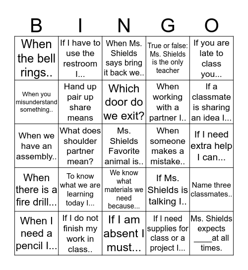 Ms. Shields procedures Bingo Card