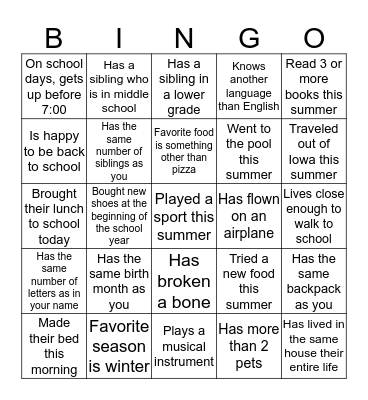 Getting To Know You Bingo Card