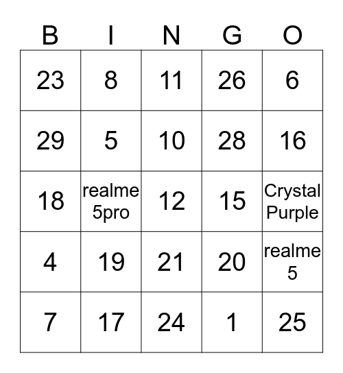 realme Fans Bingo Contest  Bingo Card