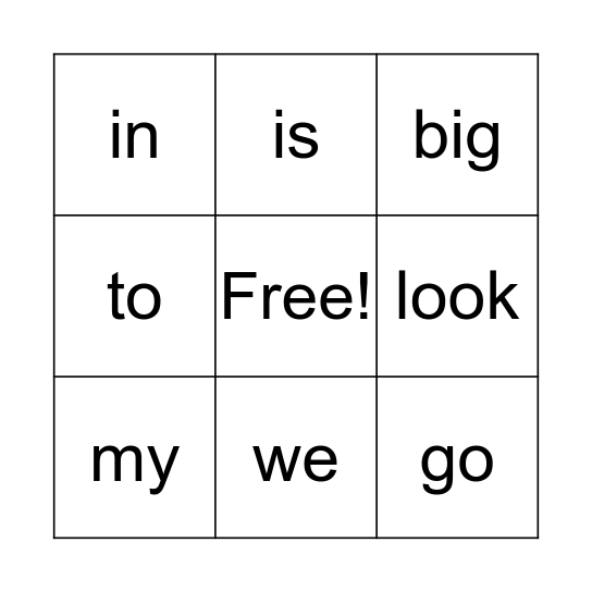 Dolch Sight Words Bingo Card