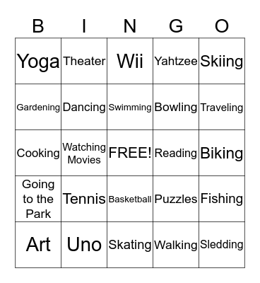 Recreation Participation Bingo  Bingo Card