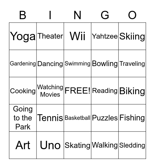 Recreation Participation Bingo  Bingo Card