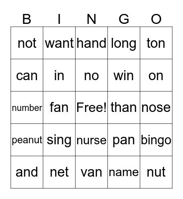 words that contain the letter N Bingo Card