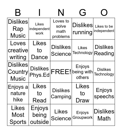 Interests Bingo! Bingo Card