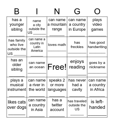 World History Intro Bingo:  Find Someone Who . .  Bingo Card