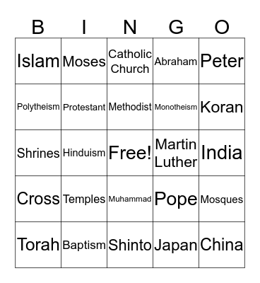 World Religions Terms Bingo Card