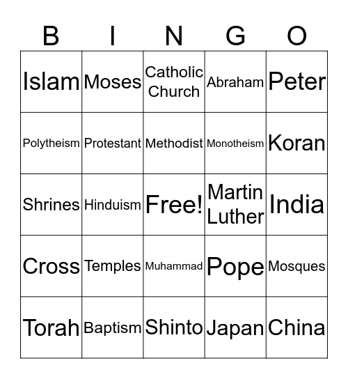 World Religions Terms Bingo Card
