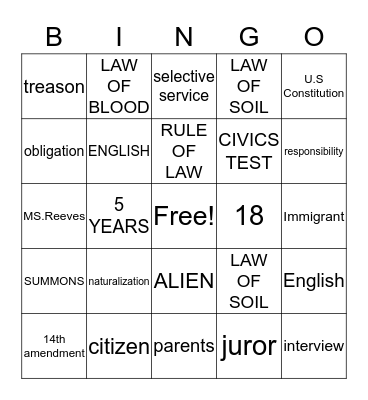 Citizenship BINGO Card