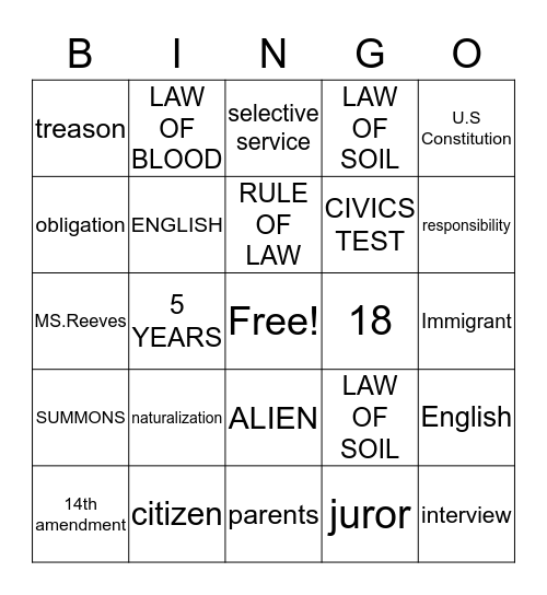 Citizenship BINGO Card