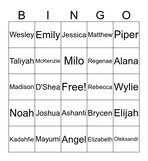 6th Period Bingo Card