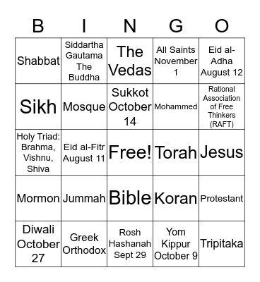 Interfaith Bingo! Bingo Card