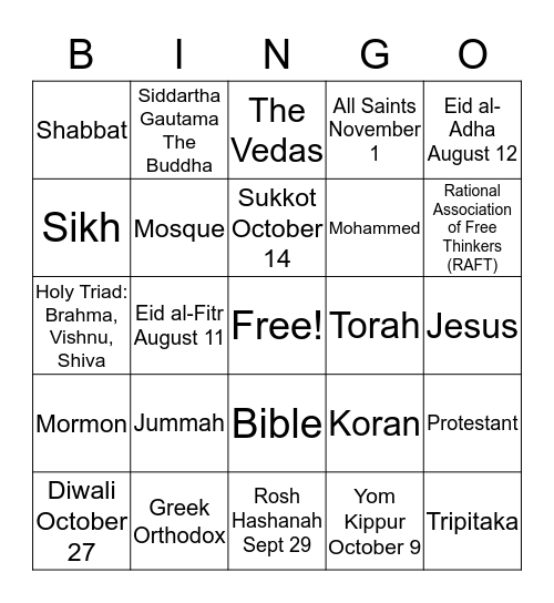 Interfaith Bingo! Bingo Card