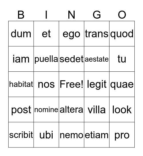Latin Week 1 Vocablary Bingo Card