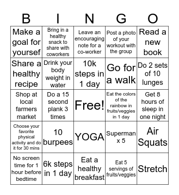 Health and Wellness Blackout  Bingo Card