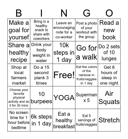 Health and Wellness Blackout  Bingo Card