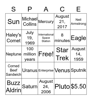 SPACE BING0 Bingo Card