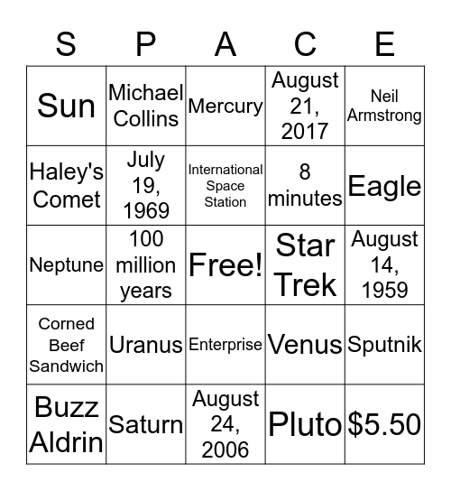 SPACE BING0 Bingo Card