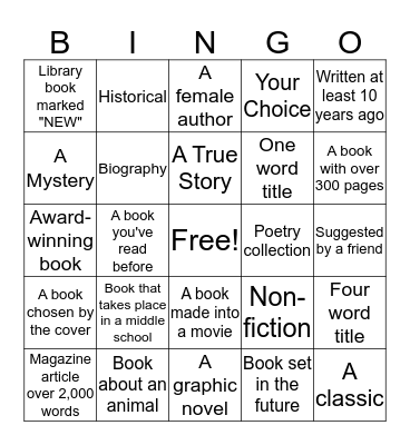 Summer Reading Challenge Bingo Card