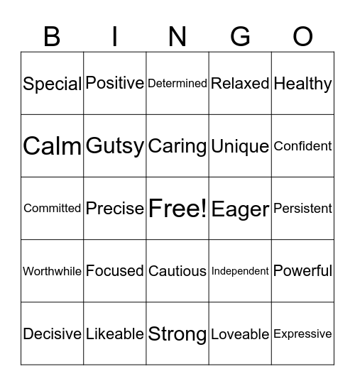 Positive Traits Bingo Card