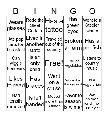 Getting to know you Bingo Card