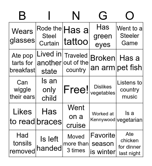 Getting to know you Bingo Card