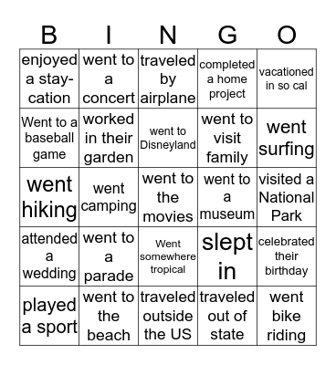 Vacation Bingo Card