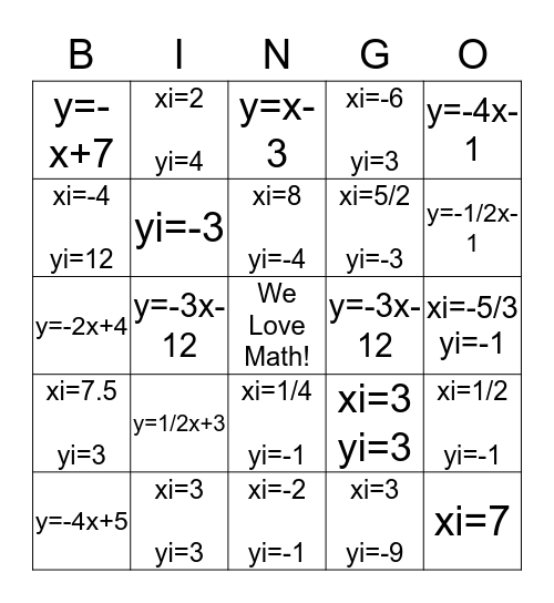 Standard Form Of A Linear Equation Bingo Card