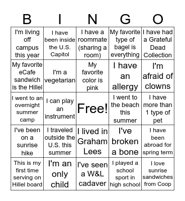 Hillel Board Retreat Get to Know You Bingo! Bingo Card