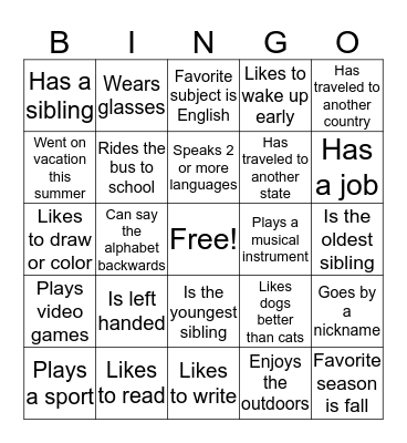 First Day of School Bingo Card