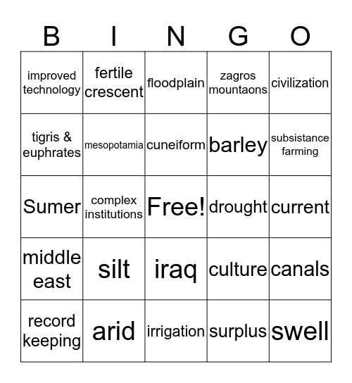 Mesopotamia Bingo Card