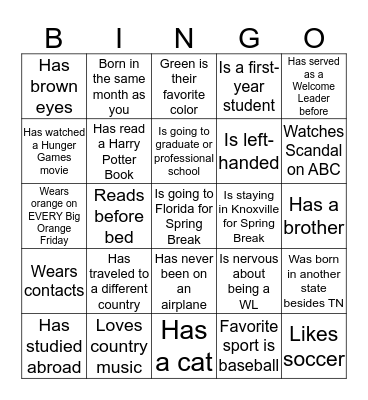 Welcome Bingo Card