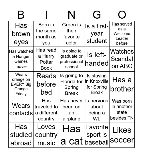 Welcome Bingo Card