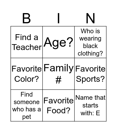 Getting to know One Another Bingo Card