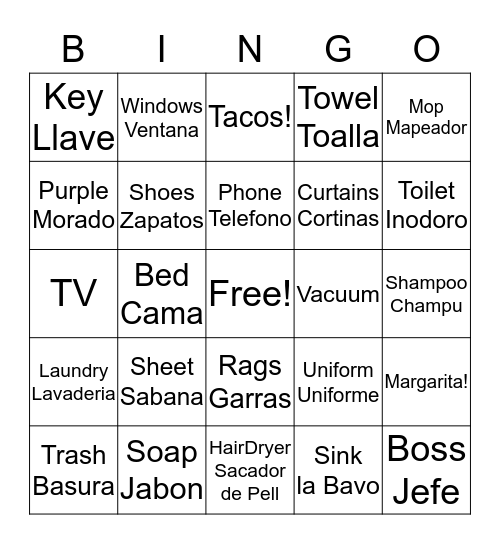Housekeeping Bingo Card