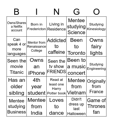 First Friends Name Bingo  Bingo Card