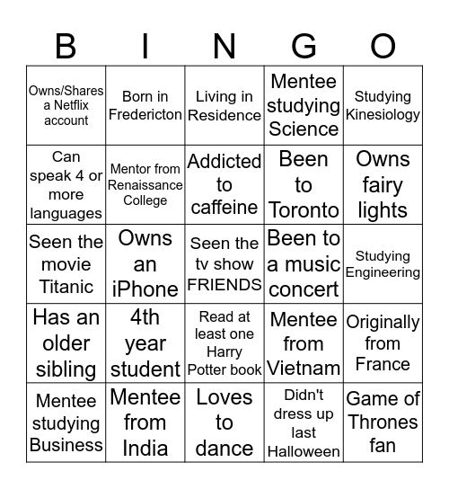First Friends Name Bingo  Bingo Card