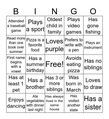 Getting to know you! Bingo Card