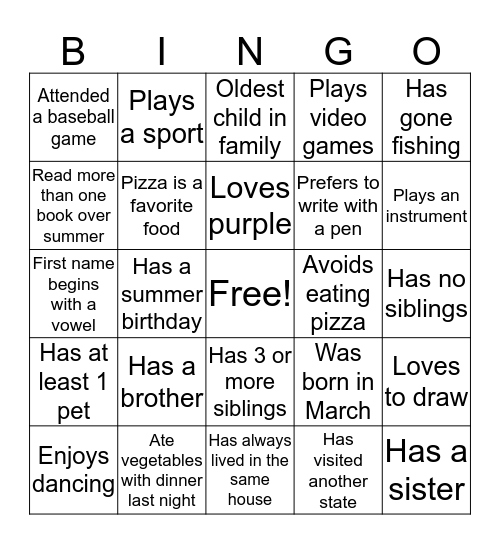 Getting to know you! Bingo Card