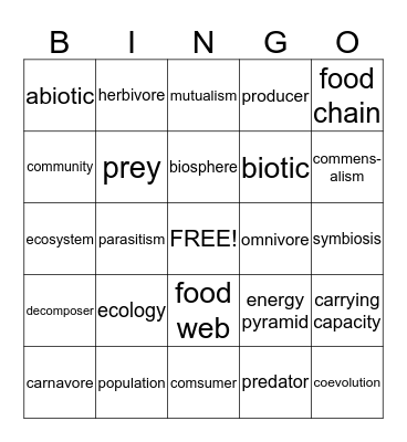 Ecology Bingo Card