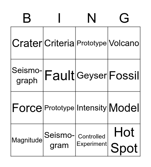 Earthquakes - Lesson 1/2 Bingo Card