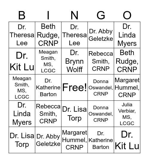 UPMC Pinnacle Breast Care Center Provider Bingo Card