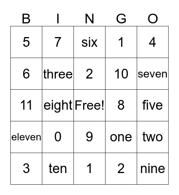 Work and Number Reconition Bingo Card