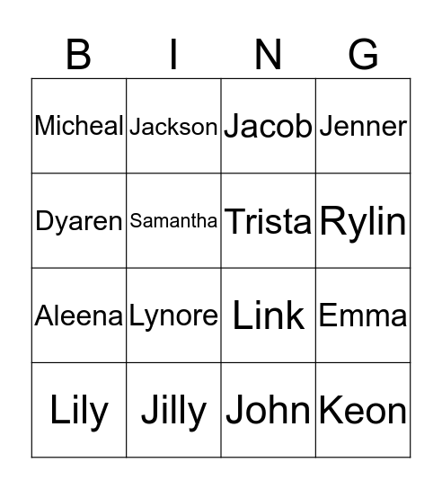 4th Period Bingo Card