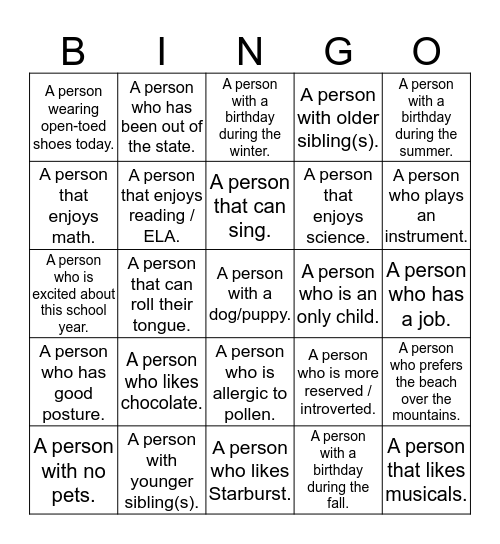BINGO ... with a twist! Bingo Card
