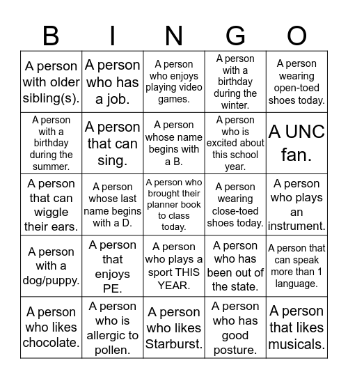 BINGO ... with a twist! Bingo Card