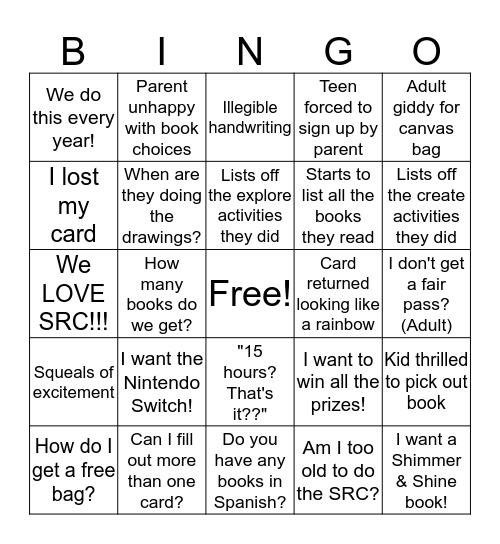 Summer Reading Challenge Bingo Card