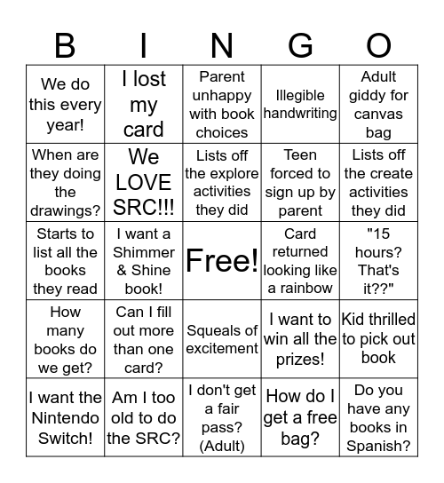 Summer Reading Challenge Bingo Card