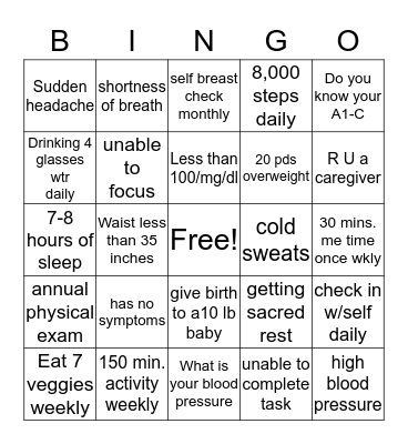 Women Health Bingo Card XRO Bingo Card