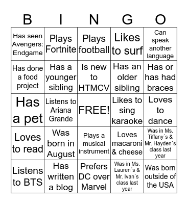 7th Grade Human Bingo Card